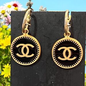 CHANEL Gold and Black Circular Logo Earrings